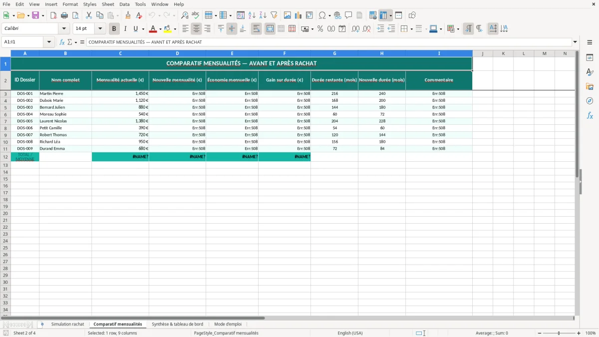 Capture 2 : feuille Comparatif mensualités - Modèle Excel simulation rachat crédit excel