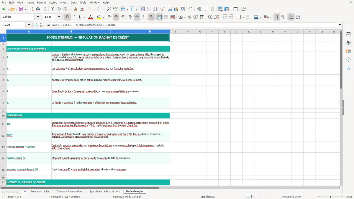 Capture 4 : feuille Mode d'emploi - Modèle Excel simulation rachat crédit excel