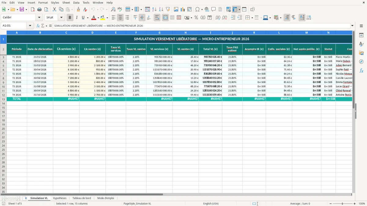 Capture 1 : feuille Simulation VL - Modèle Excel simulation versement libératoire excel
