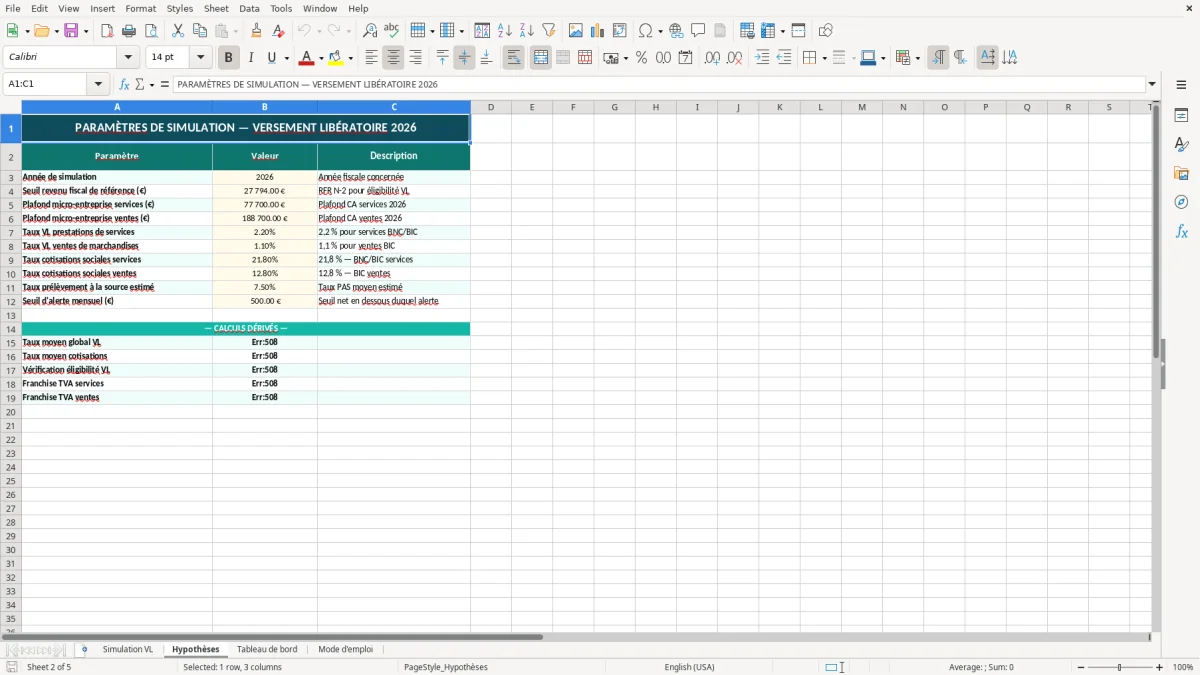 Capture 2 : feuille Hypothèses - Modèle Excel simulation versement libératoire excel