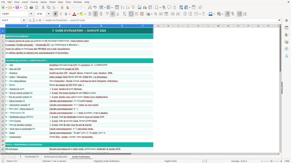 Capture 3 : feuille Guide d'utilisation - Modèle Excel suivi ETF excel