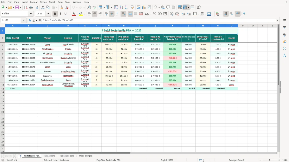 Capture 1 : feuille Portefeuille PEA - Modèle Excel suivi PEA excel