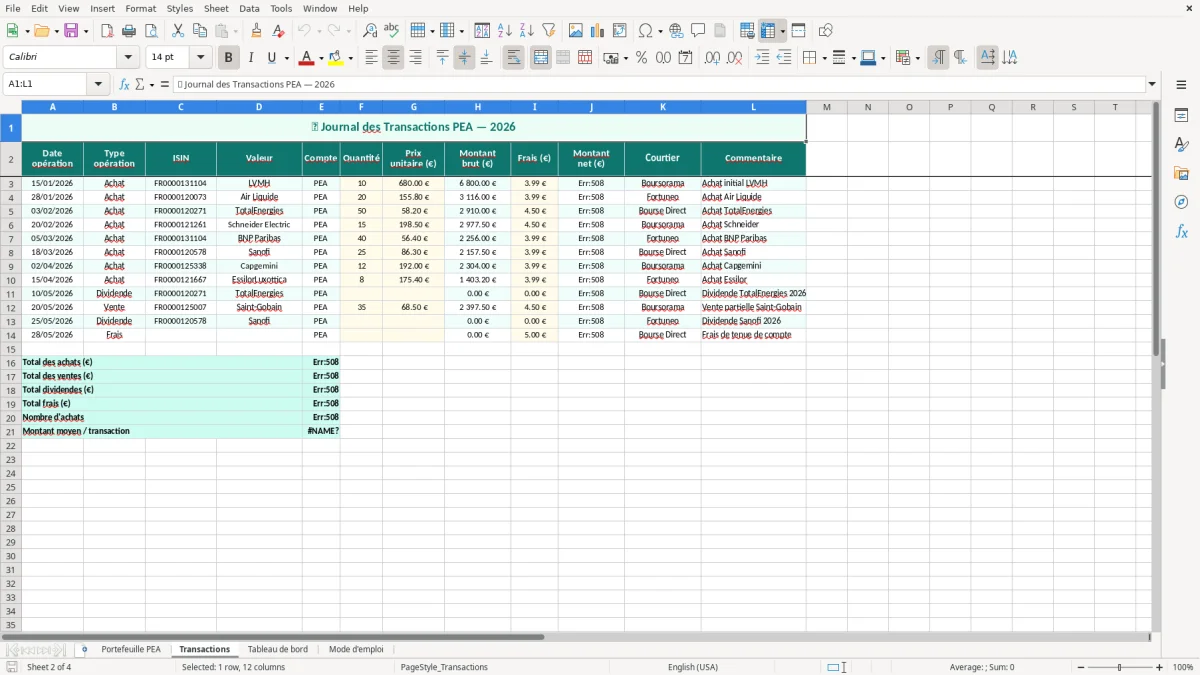 Capture 2 : feuille Transactions - Modèle Excel suivi PEA excel