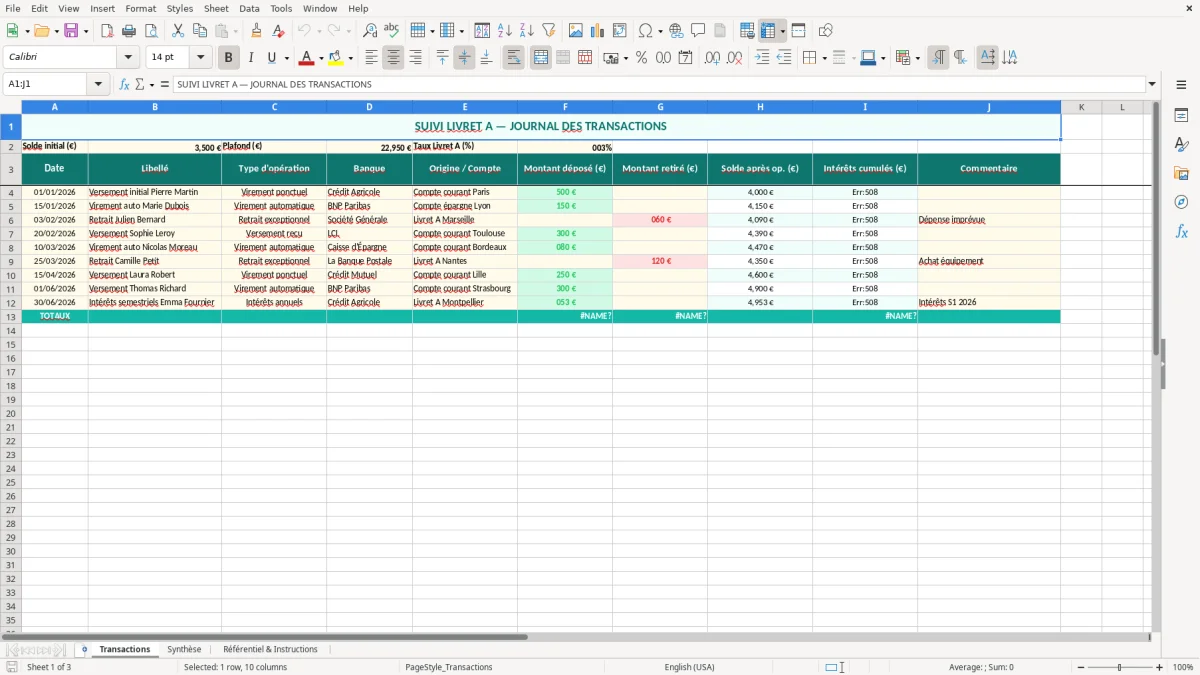 Capture 1 : feuille Transactions - Modèle Excel suivi livret A excel