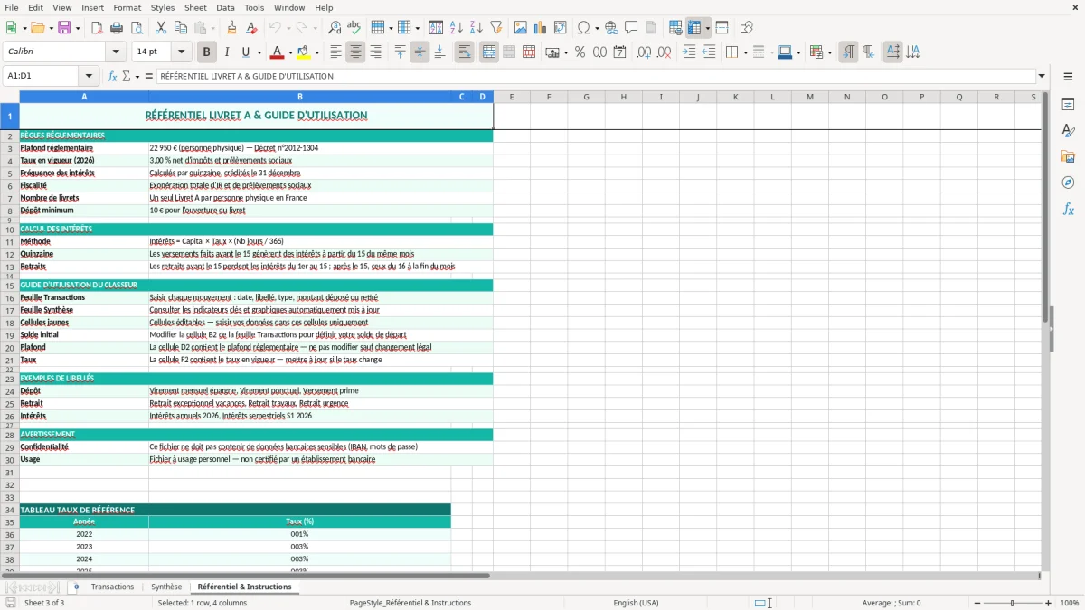 Capture 3 : feuille Référentiel & Instructions - Modèle Excel suivi livret A excel