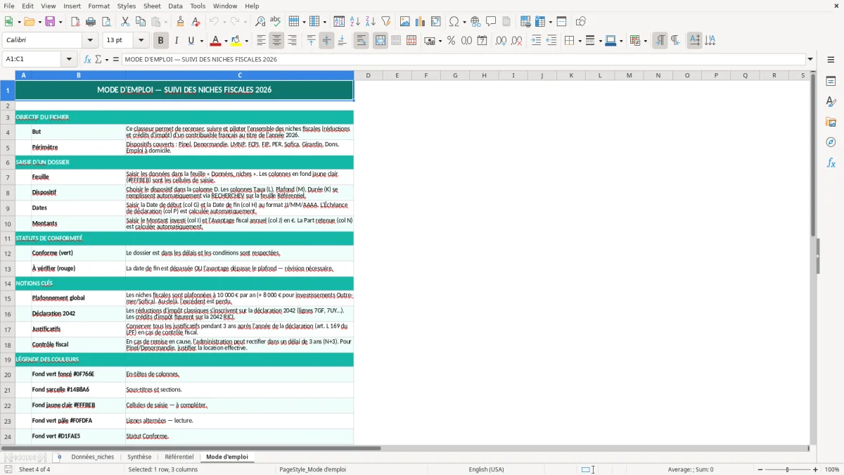 Capture 4 : feuille Mode d'emploi - Modèle Excel suivi niches fiscales excel