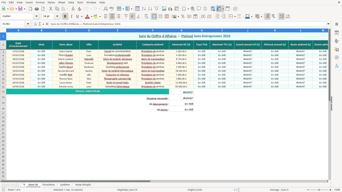 Capture 1 : feuille Suivi CA - Modèle Excel suivi plafond auto entrepreneur excel