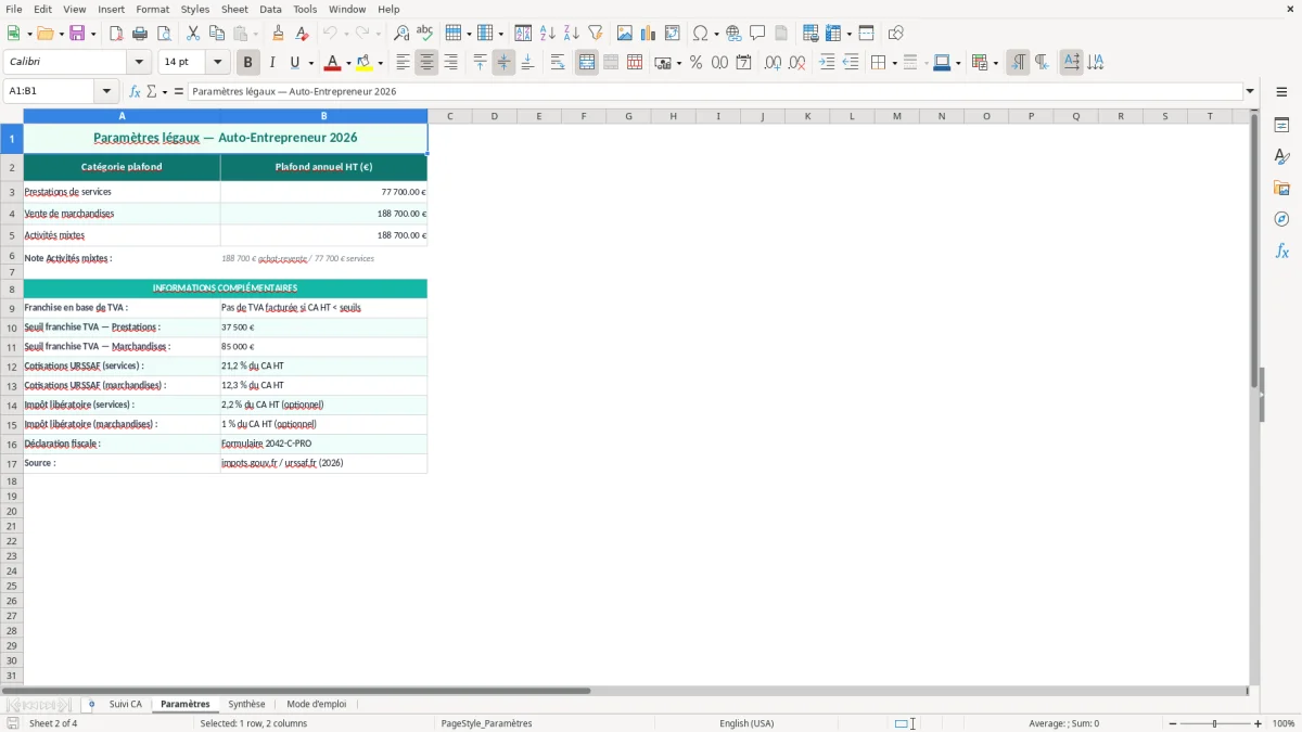 Capture 2 : feuille Paramètres - Modèle Excel suivi plafond auto entrepreneur excel