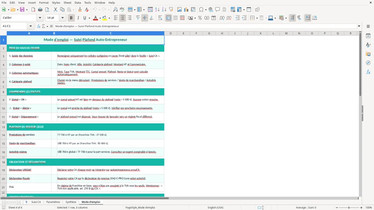 Capture 4 : feuille Mode d'emploi - Modèle Excel suivi plafond auto entrepreneur excel