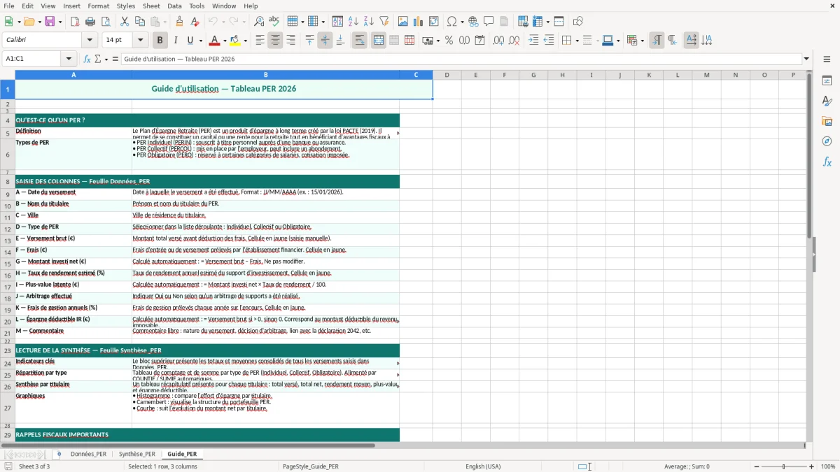 Capture 3 : feuille Guide_PER - Modèle Excel tableau PER excel
