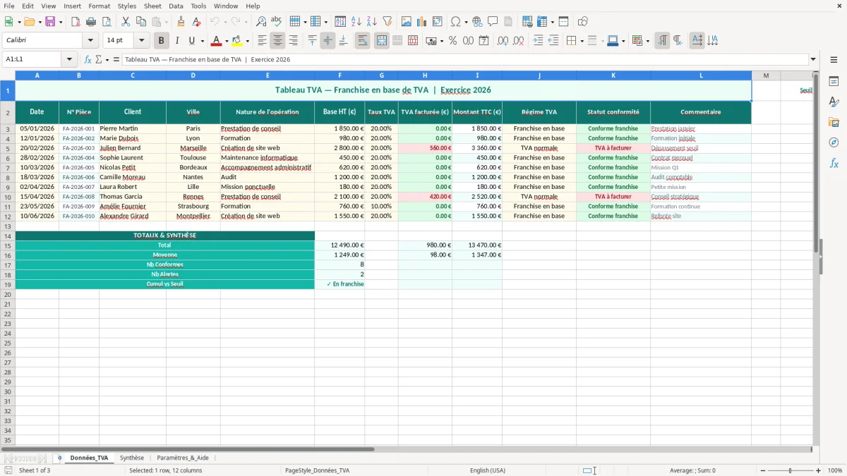 Capture 1 : feuille Données_TVA - Modèle Excel tableau TVA franchise en base excel