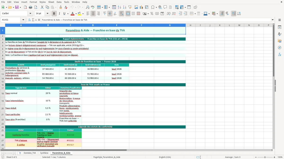 Capture 3 : feuille Paramètres_&_Aide - Modèle Excel tableau TVA franchise en base excel