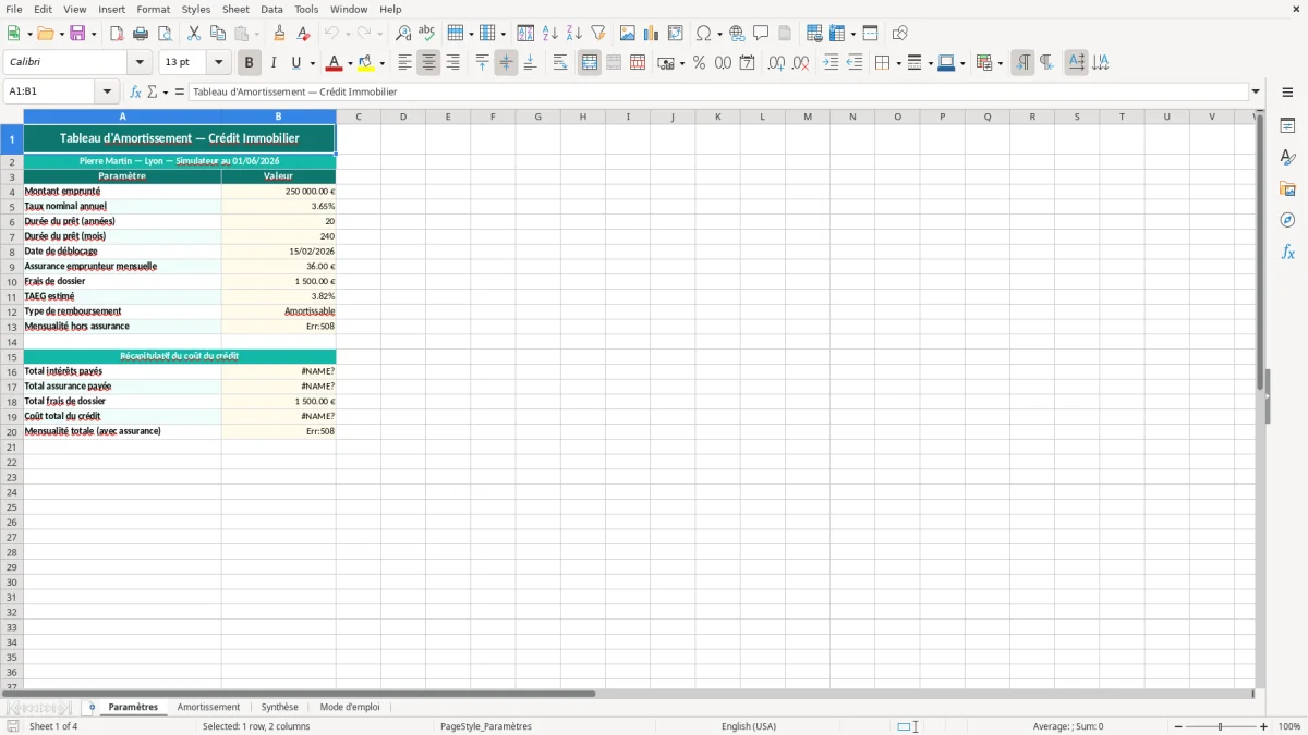 Capture 1 : feuille Paramètres - Modèle Excel tableau amortissement crédit immobilier excel