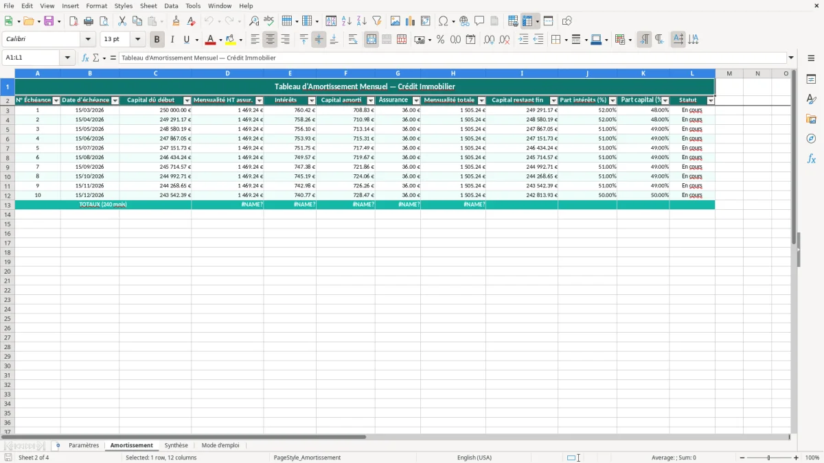 Capture 2 : feuille Amortissement - Modèle Excel tableau amortissement crédit immobilier excel