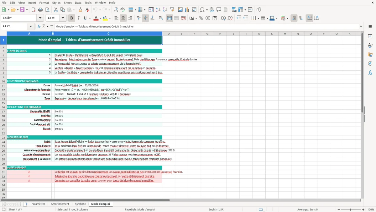 Capture 4 : feuille Mode d'emploi - Modèle Excel tableau amortissement crédit immobilier excel