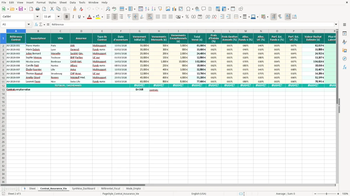 Capture 2 : feuille Contrat_Assurance_Vie - Modèle Excel tableau assurance vie excel