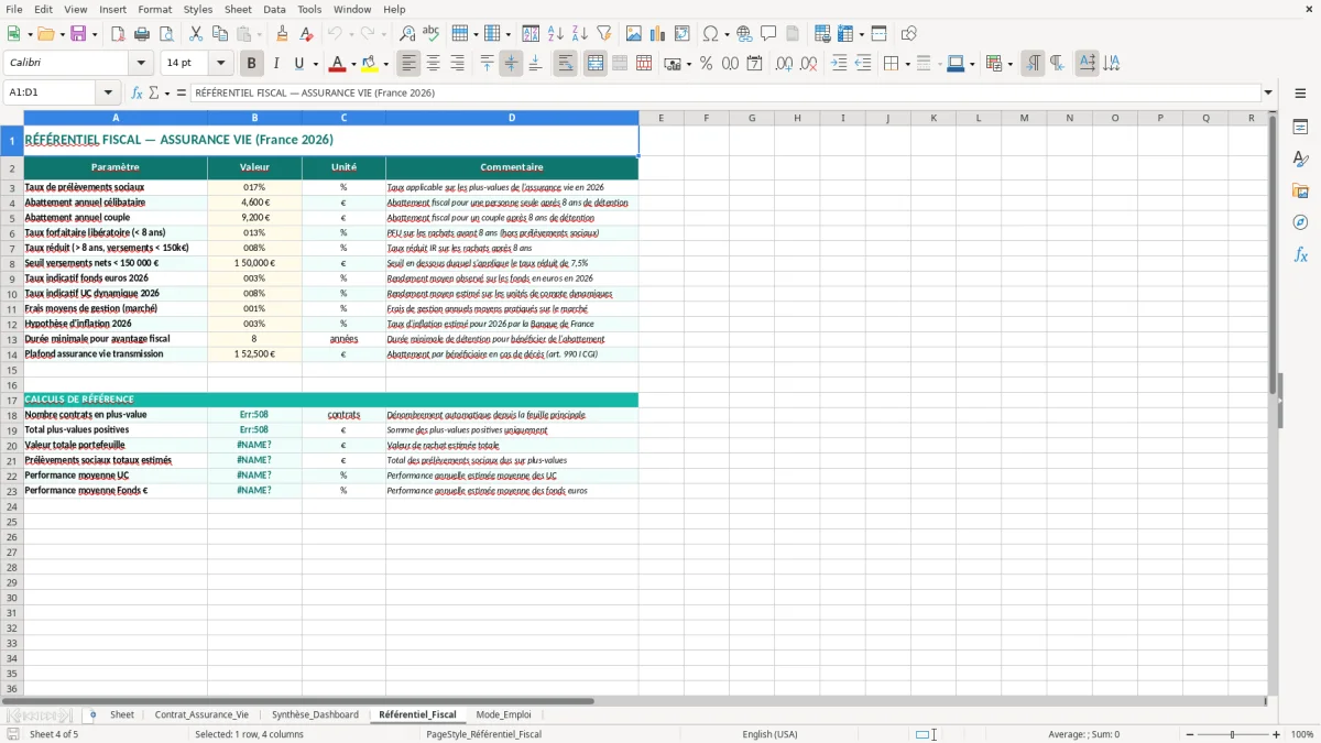Capture 4 : feuille Référentiel_Fiscal - Modèle Excel tableau assurance vie excel