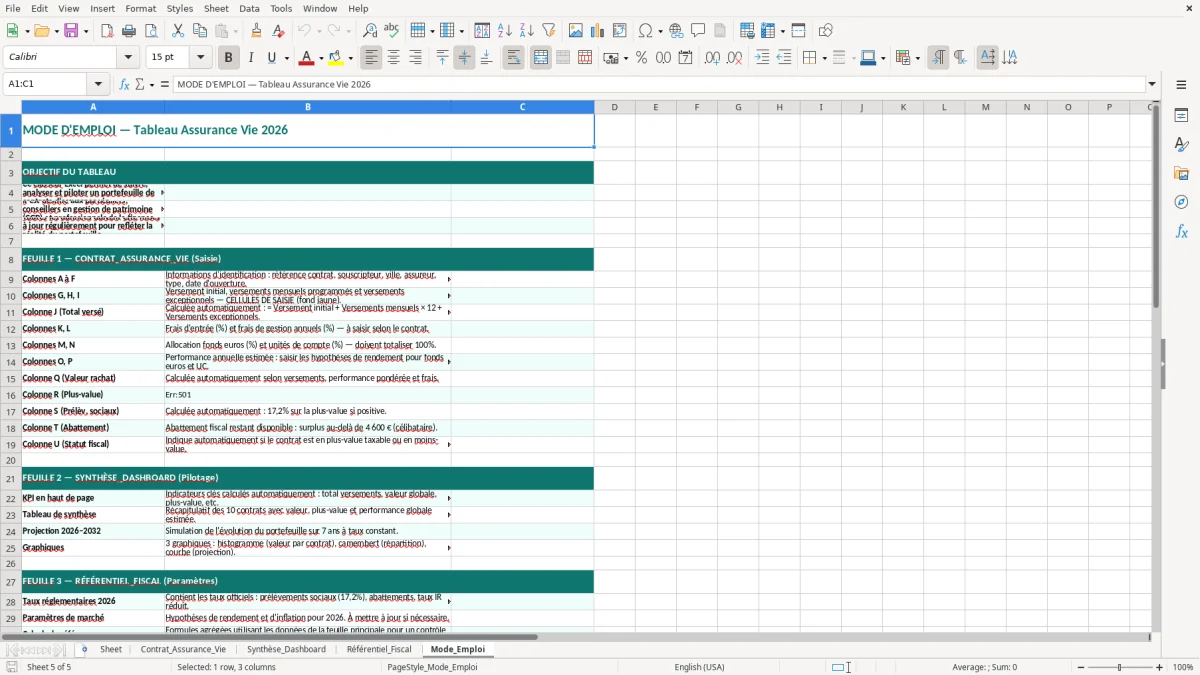 Capture 5 : feuille Mode_Emploi - Modèle Excel tableau assurance vie excel