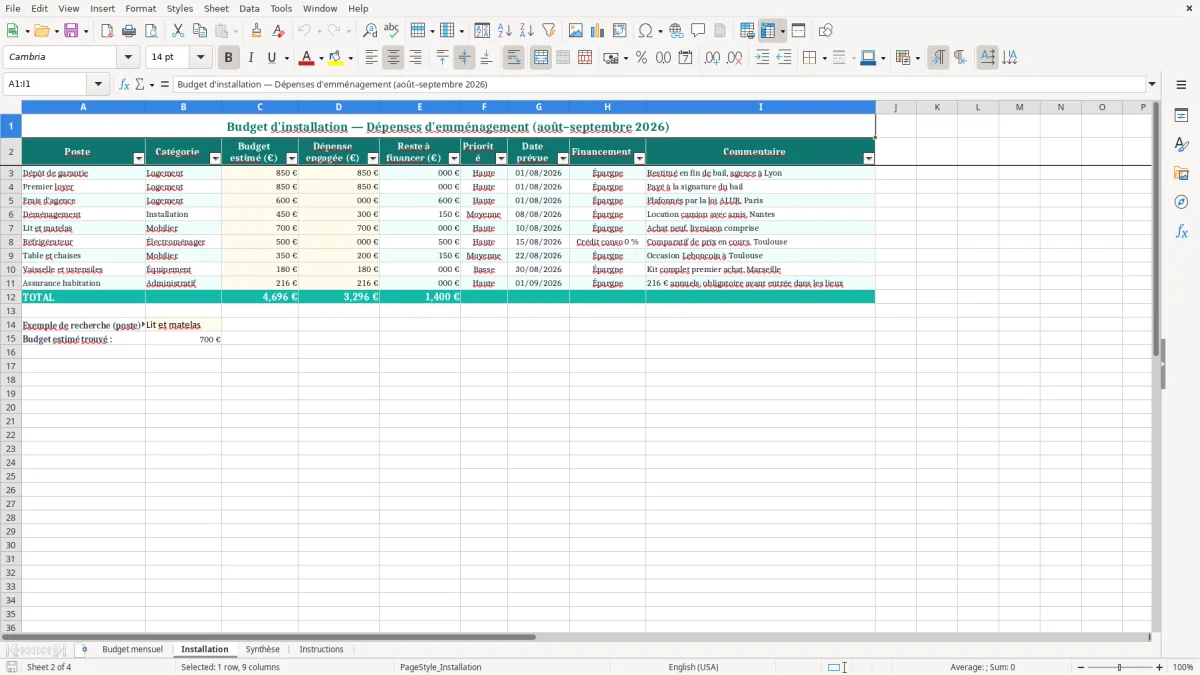 Capture 2 : feuille Installation - Modèle Excel budget premier appartement excel