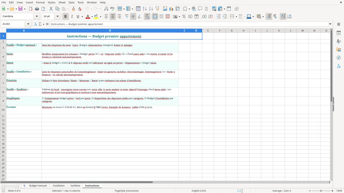 Capture 4 : feuille Instructions - Modèle Excel budget premier appartement excel