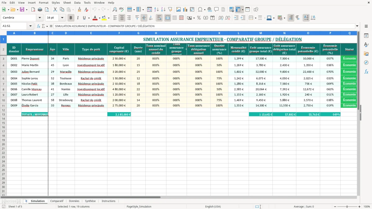Capture 1 : feuille Simulation - Modèle Excel calcul assurance emprunteur excel