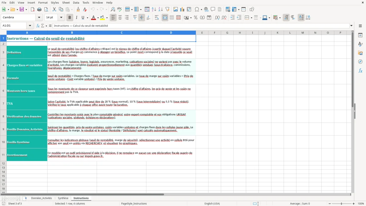 Capture 3 : feuille Instructions - Modèle Excel calcul seuil rentabilité excel