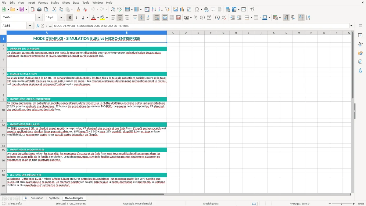 Capture 3 : feuille Mode d'emploi - Modèle Excel simulation EURL vs micro excel