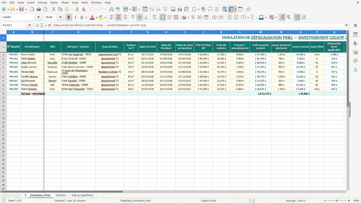 Capture 1 : feuille Simulation_Pinel - Modèle Excel simulation défiscalisation pinel excel