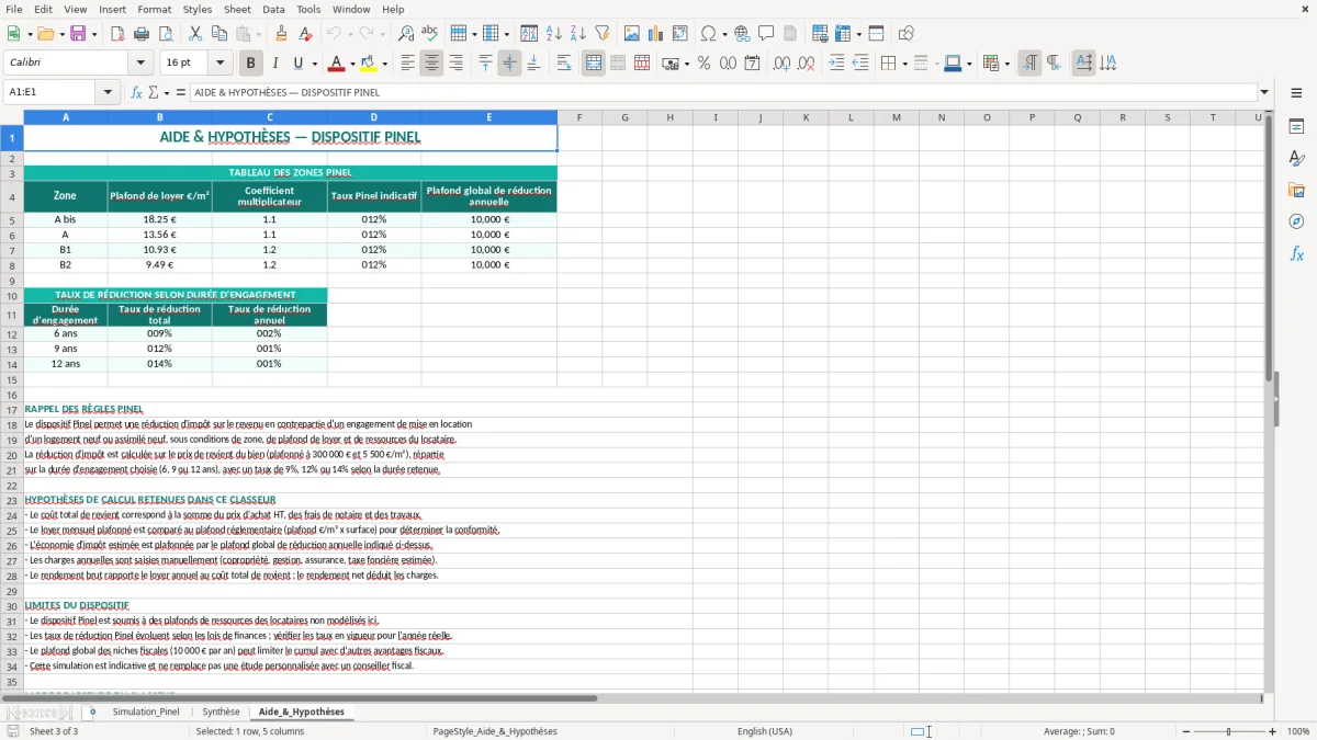 Capture 3 : feuille Aide_&_Hypothèses - Modèle Excel simulation défiscalisation pinel excel