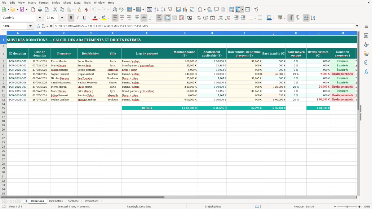 Capture 1 : feuille Donations - Modèle Excel calcul donation abattement excel