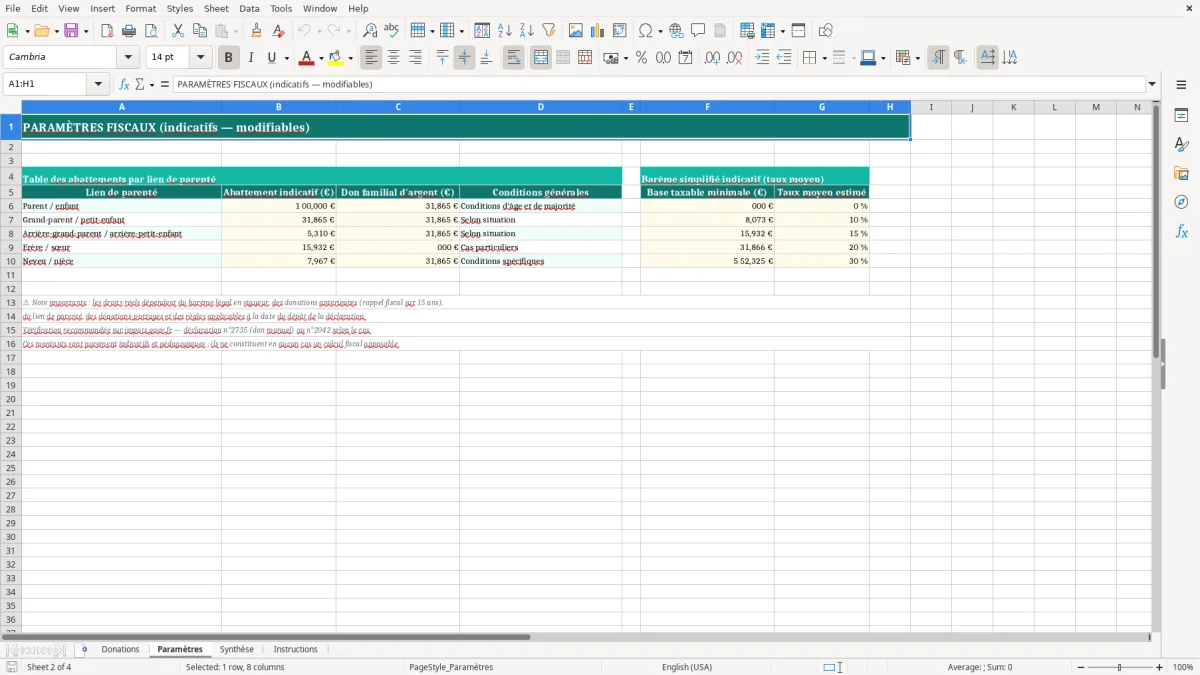 Capture 2 : feuille Paramètres - Modèle Excel calcul donation abattement excel