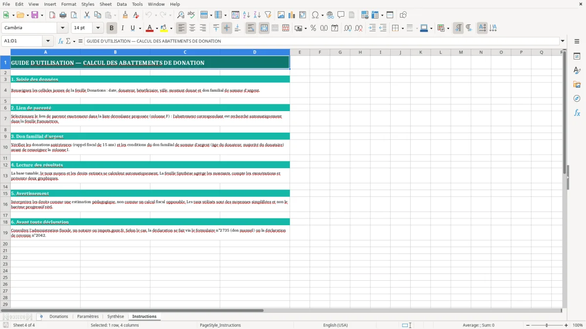 Capture 4 : feuille Instructions - Modèle Excel calcul donation abattement excel