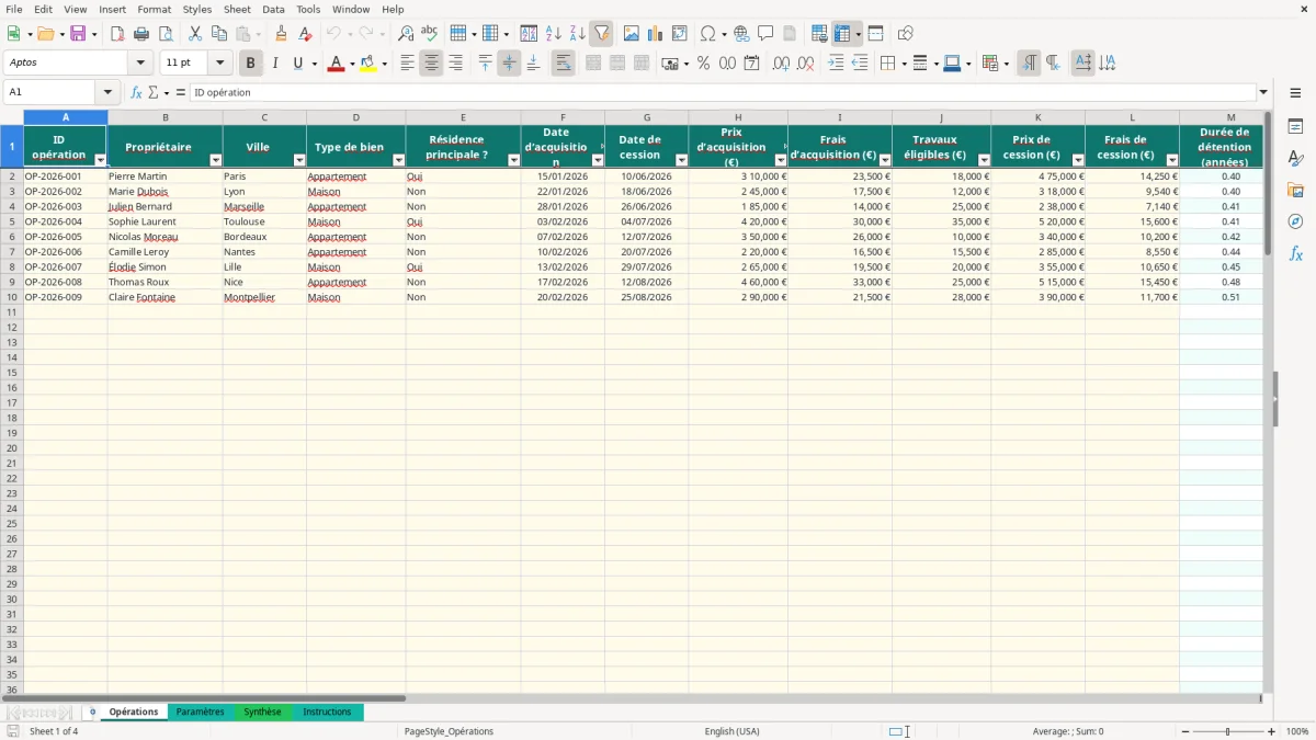Capture 1 : feuille Opérations - Modèle Excel calcul plus-value immobilière excel