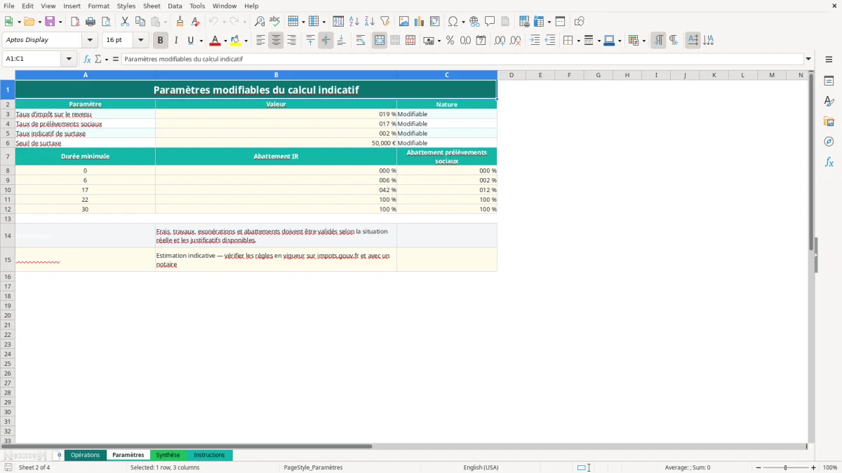 Capture 2 : feuille Paramètres - Modèle Excel calcul plus-value immobilière excel