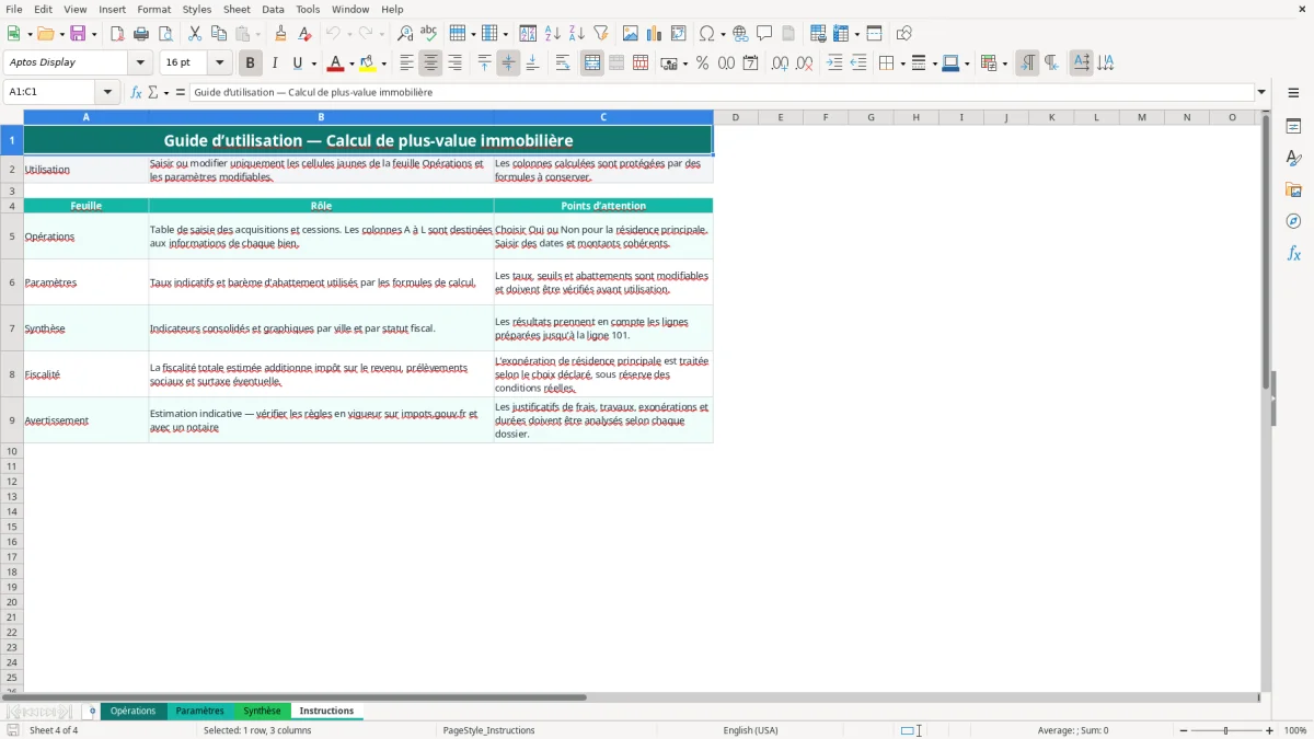 Capture 4 : feuille Instructions - Modèle Excel calcul plus-value immobilière excel