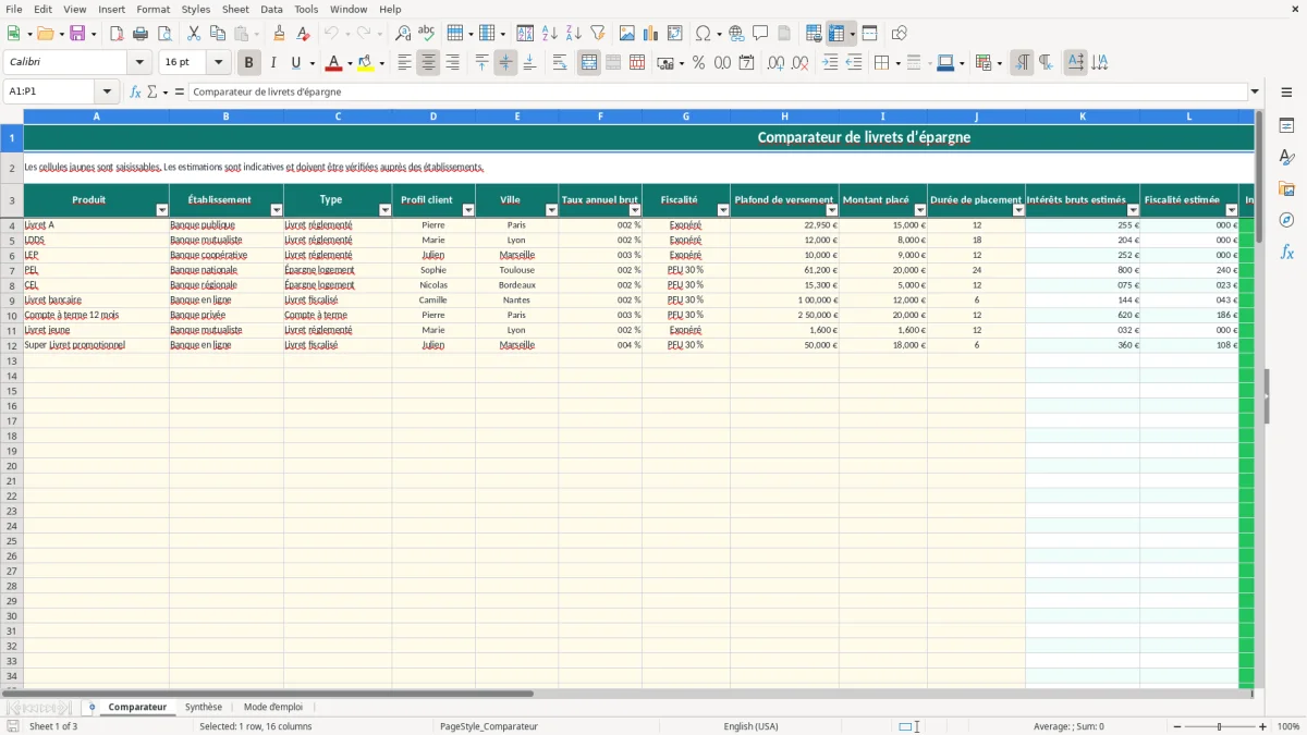 Capture 1 : feuille Comparateur - Modèle Excel comparateur livrets épargne excel