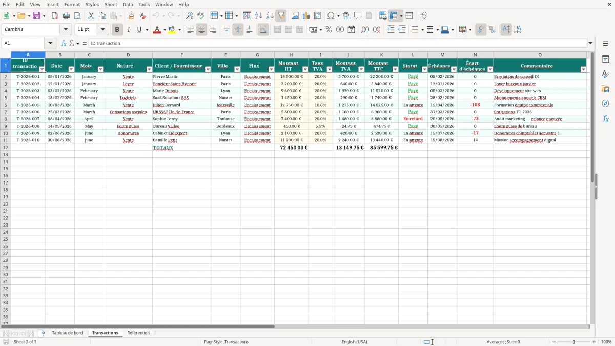 Capture 2 : feuille Transactions - Modèle Excel pilotage financier PME excel