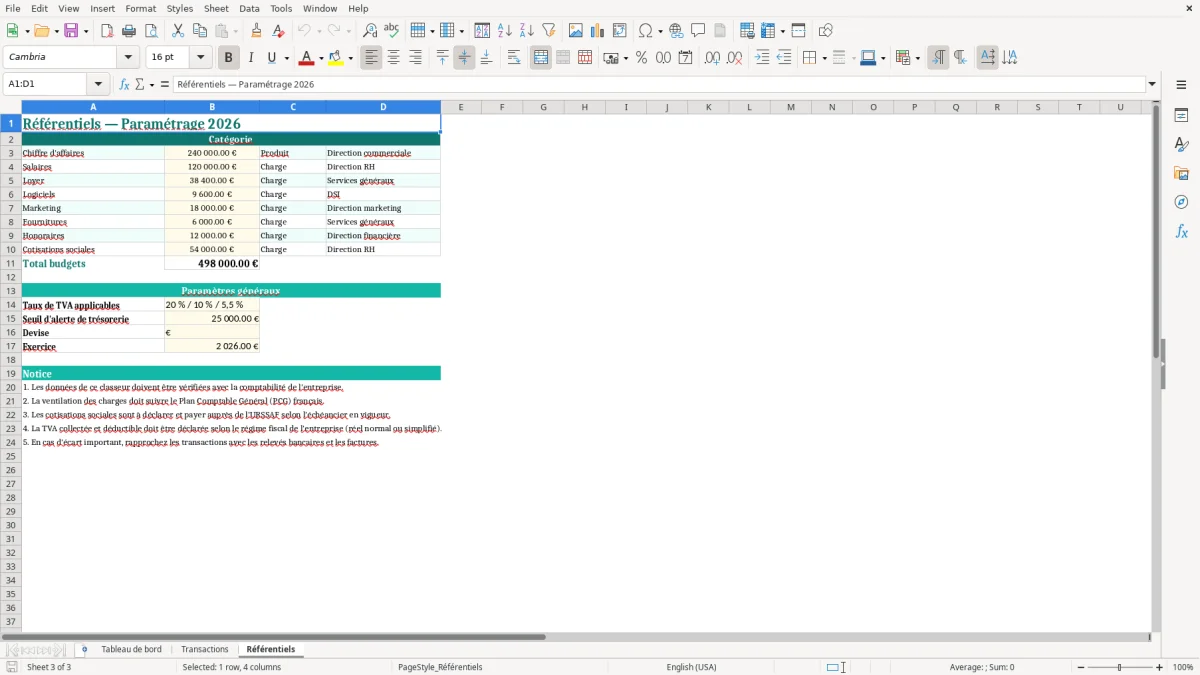 Capture 3 : feuille Référentiels - Modèle Excel pilotage financier PME excel