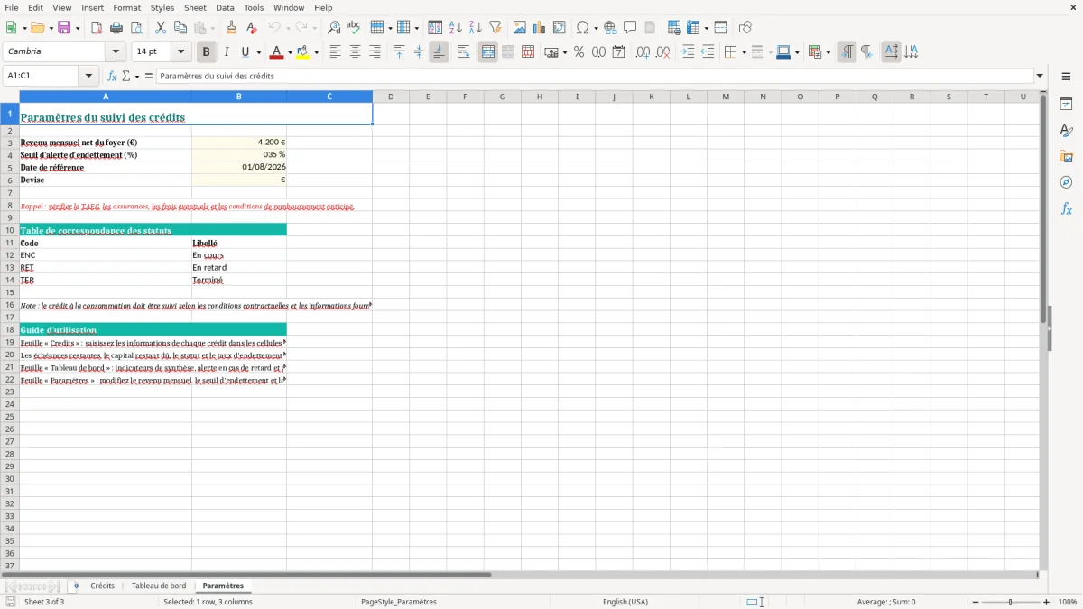Capture 3 : feuille Paramètres - Modèle Excel suivi crédit consommation excel