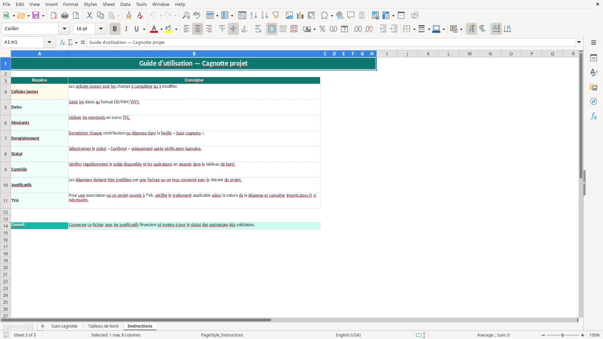 Capture 3 : feuille Instructions - Modèle Excel cagnotte projet excel