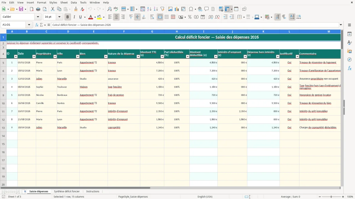 Capture 1 : feuille Saisie dépenses - Modèle Excel calcul déficit foncier excel