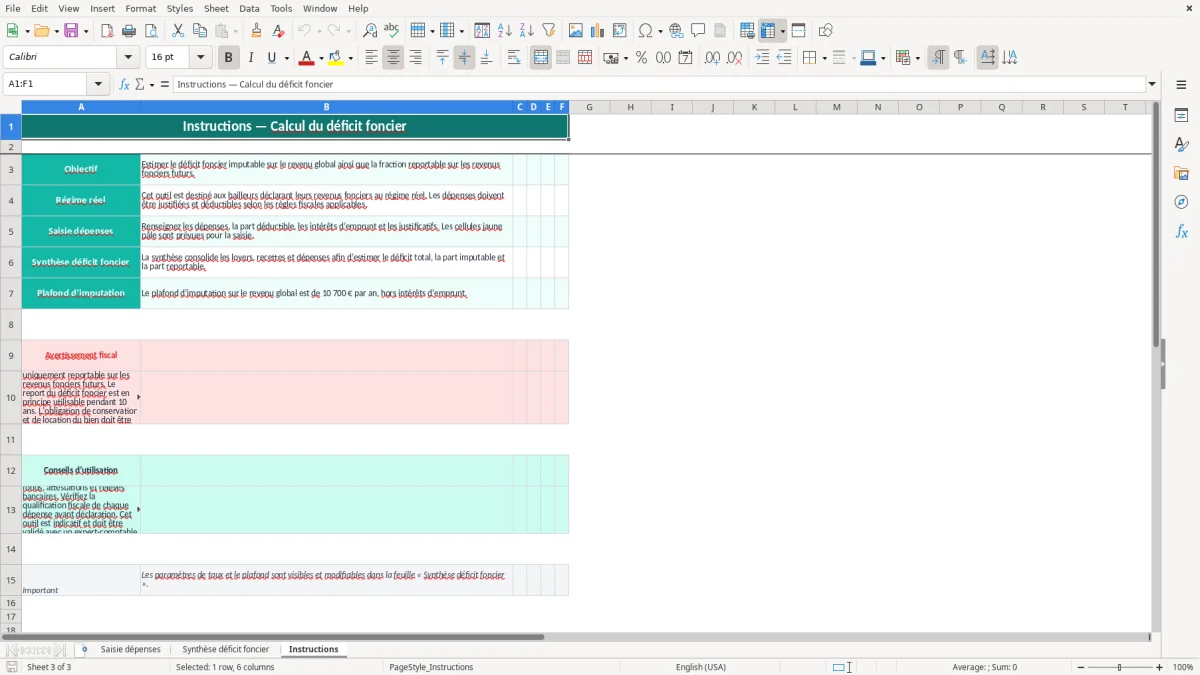 Capture 3 : feuille Instructions - Modèle Excel calcul déficit foncier excel