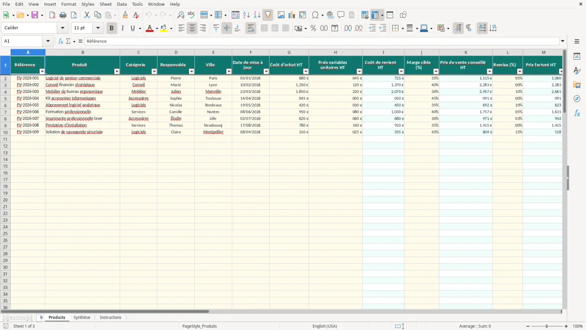 Capture 1 : feuille Produits - Modèle Excel calcul prix vente marge excel