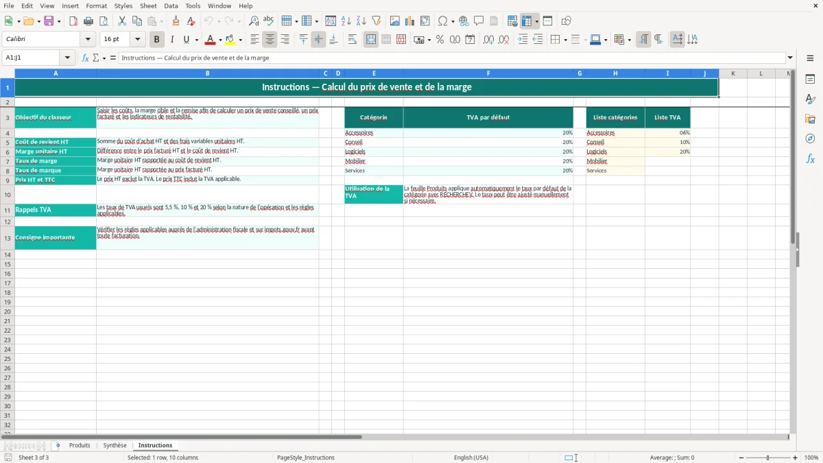 Capture 3 : feuille Instructions - Modèle Excel calcul prix vente marge excel