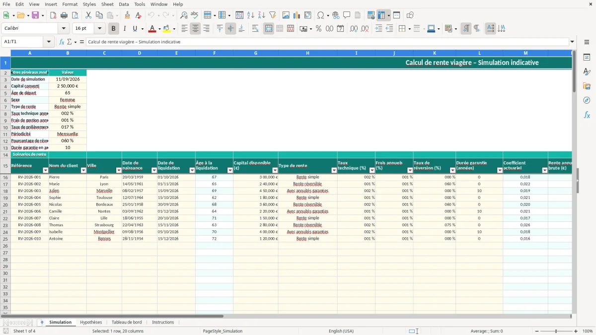 Capture 1 : feuille Simulation - Modèle Excel calcul rente viagère excel