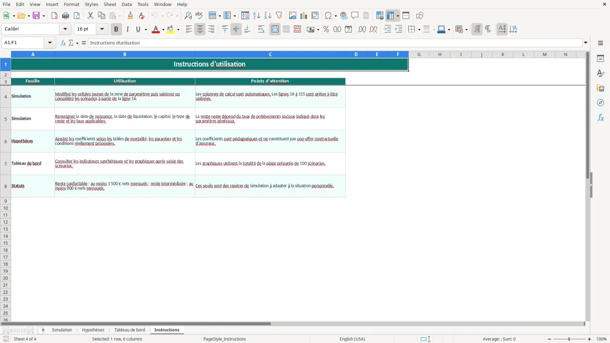 Capture 4 : feuille Instructions - Modèle Excel calcul rente viagère excel