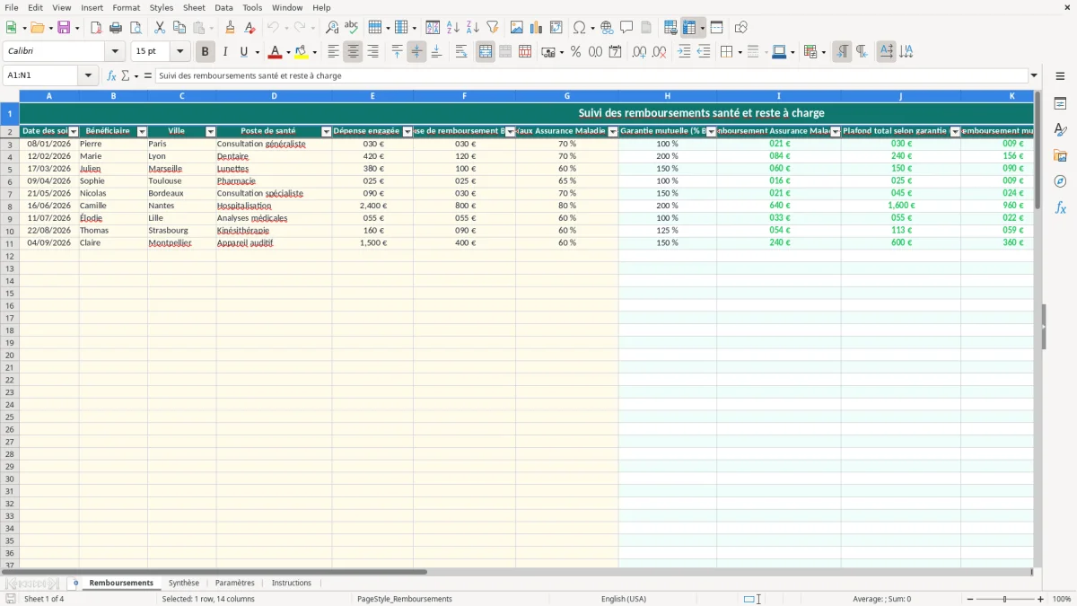 Capture 1 : feuille Remboursements - Modèle Excel calcul reste à charge mutuelle excel