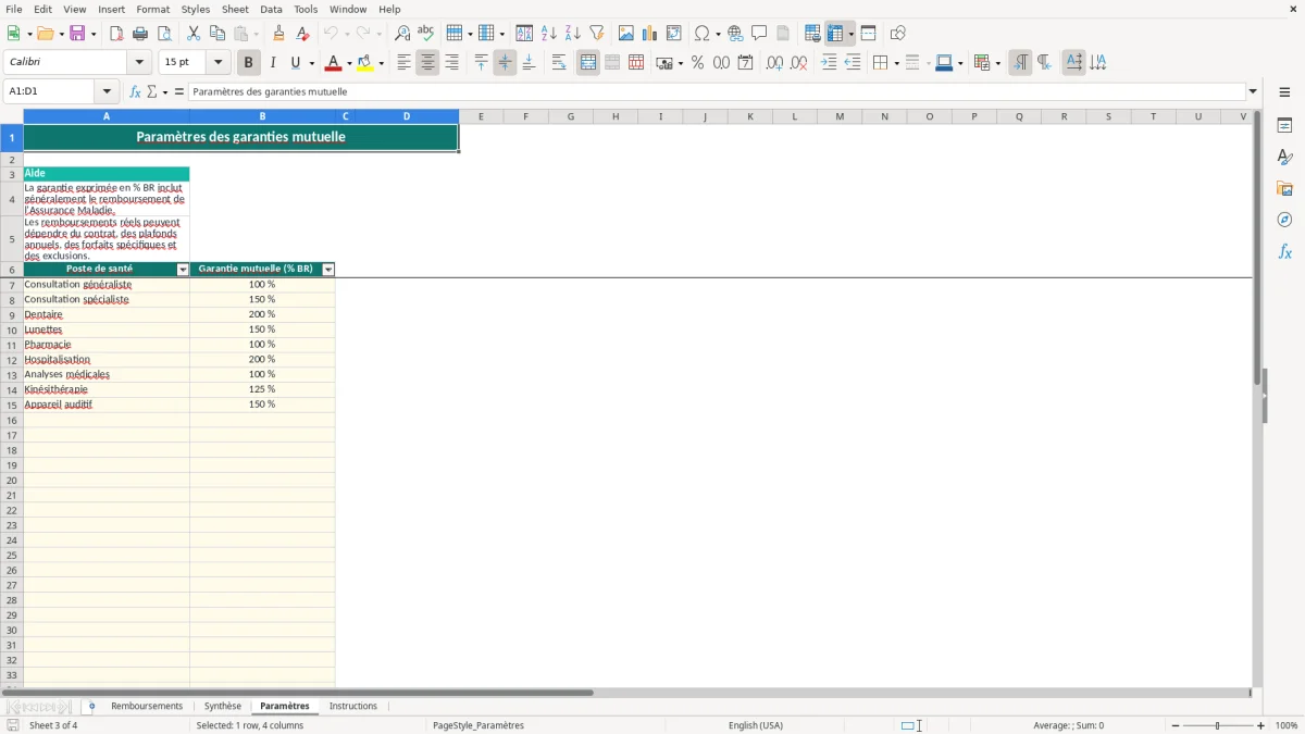 Capture 3 : feuille Paramètres - Modèle Excel calcul reste à charge mutuelle excel