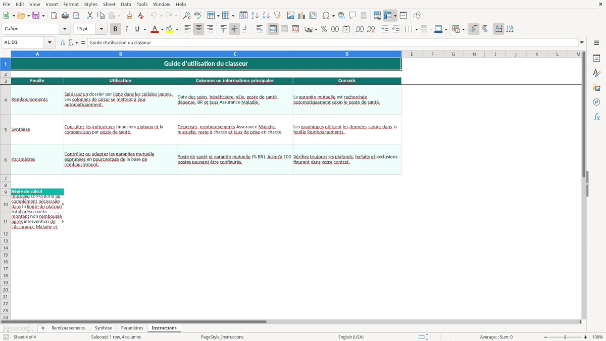 Capture 4 : feuille Instructions - Modèle Excel calcul reste à charge mutuelle excel