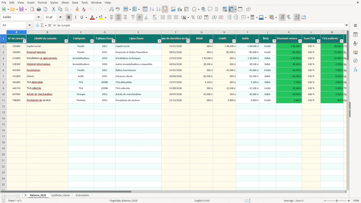 Capture 1 : feuille Balance_2026 - Modèle Excel liasse fiscale préparation excel